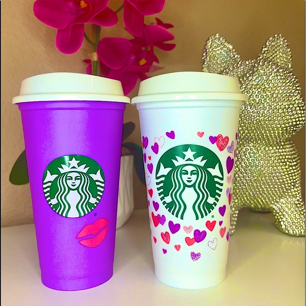 💗💜🤍Starbucks reusable color changing hearts cup & Starbucks lips purple cup💋